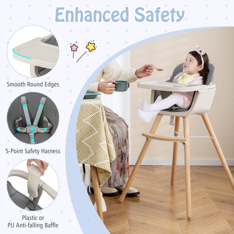3-in-1 Convertible Wooden Baby High Chair with Cushion