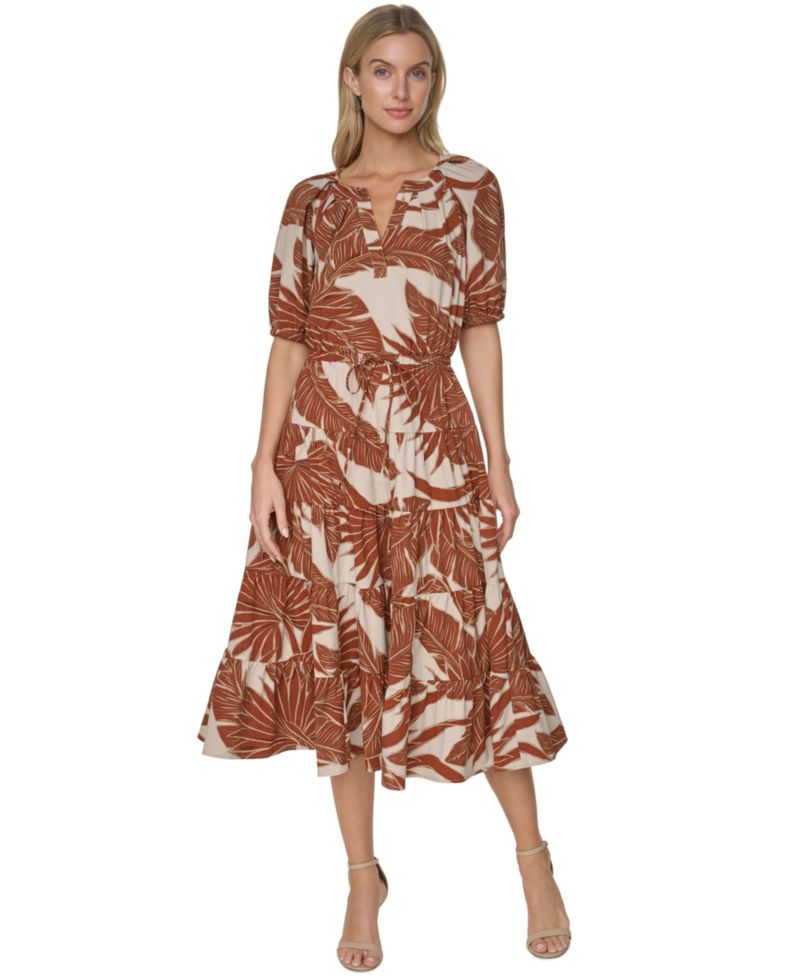 Women's Puff-Sleeve Floral Tiered Midi Dress