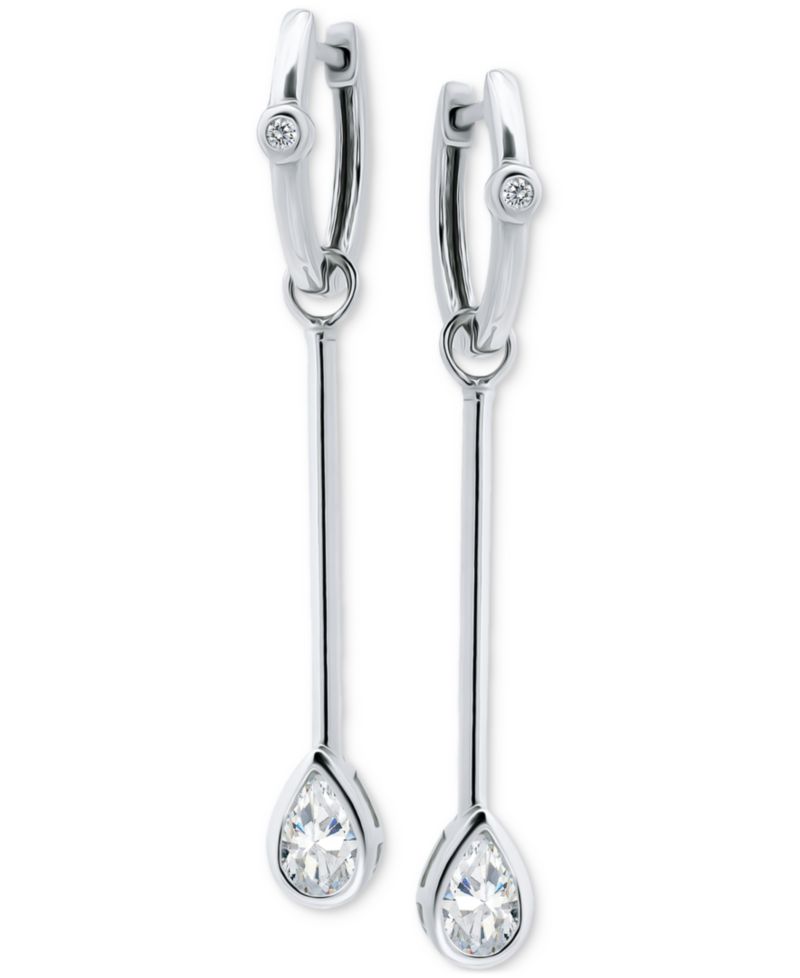 Cubic Zirconia Pear Bezel Dangle Hoop Earrings in Sterling Silver