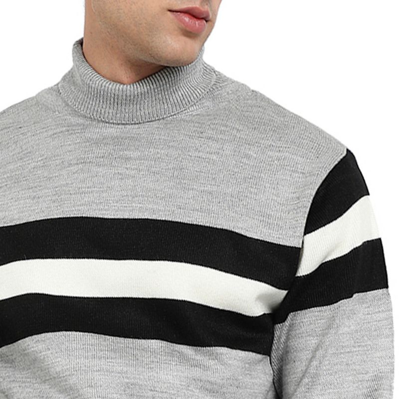 Men's Light Grey Relaxed Horizontal Striped Pullover Sweater