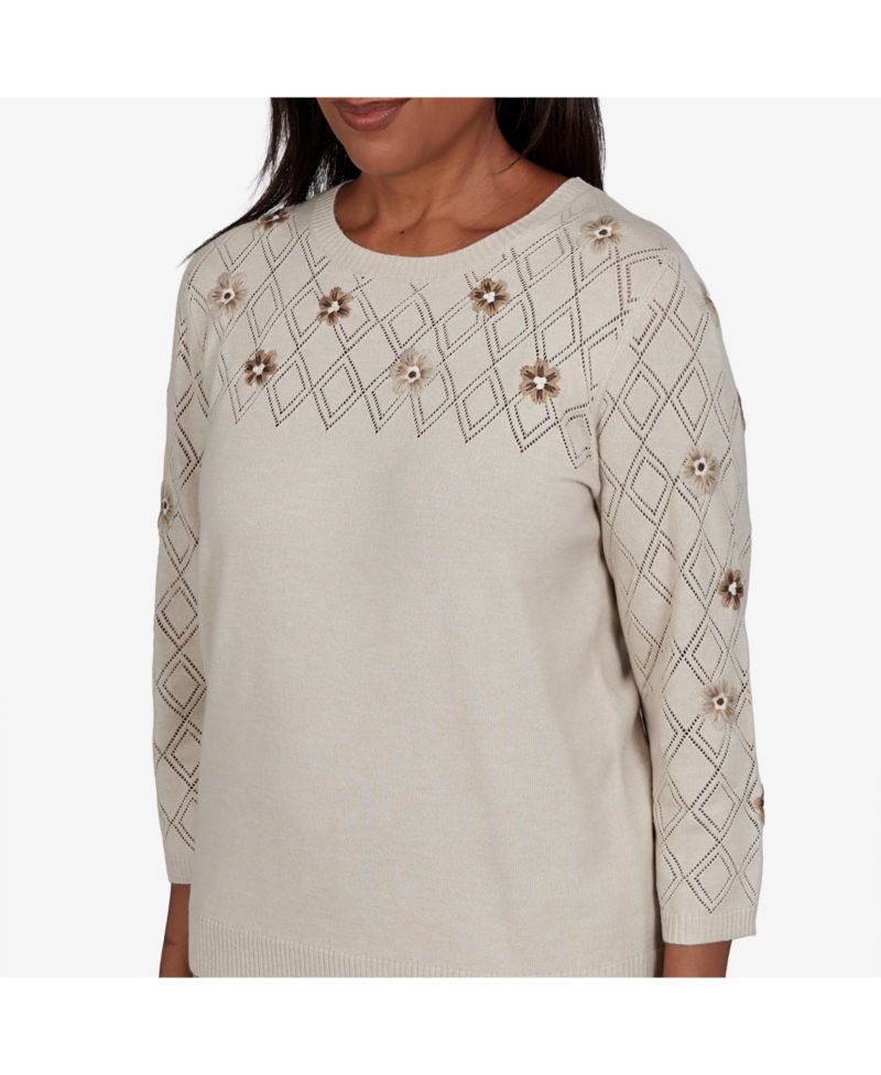 Women's 3/4-Sleeve Pointelle Diamond-Pattern Floral-Embellished Sweater