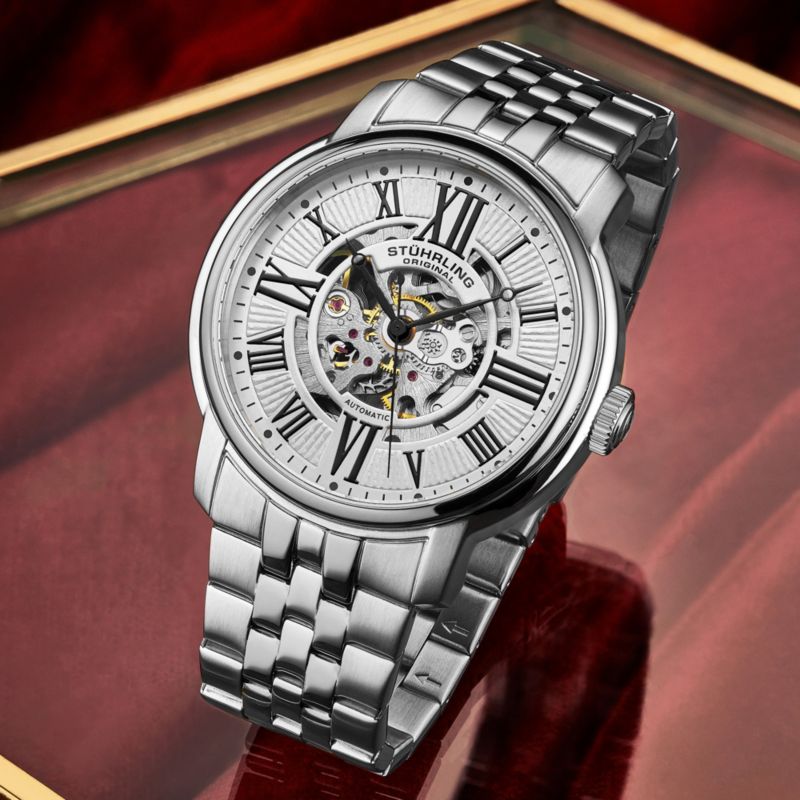 Atrium 4031 Men s Automatic Skeleton Watch – 42mm, Silver-Tone Case & Bracelet, Blue Skeleton Dial with Silver Accents