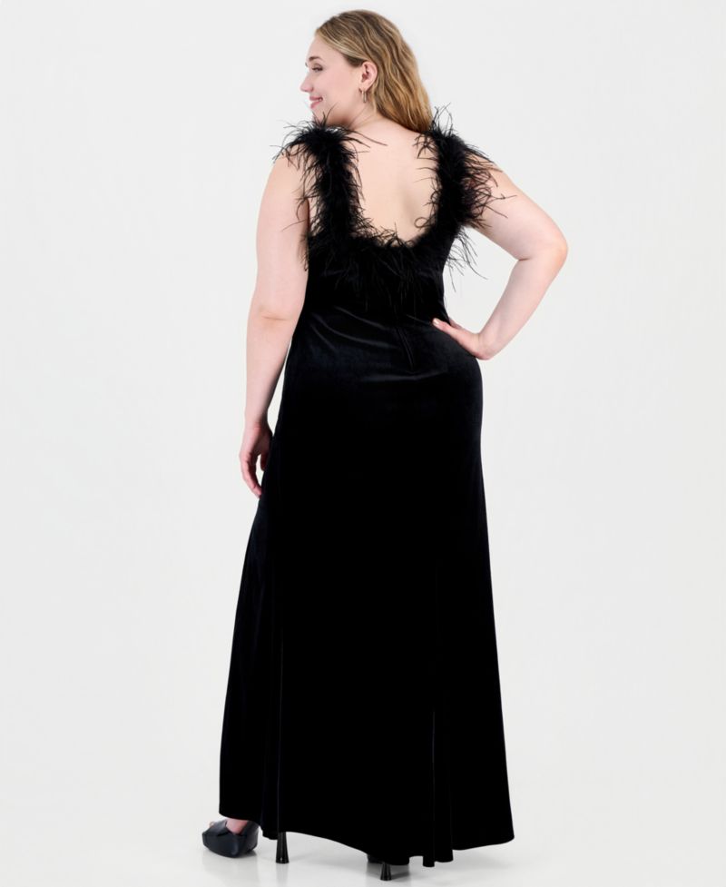 Plus Size Velvet High-Neck Feather Trim Gown