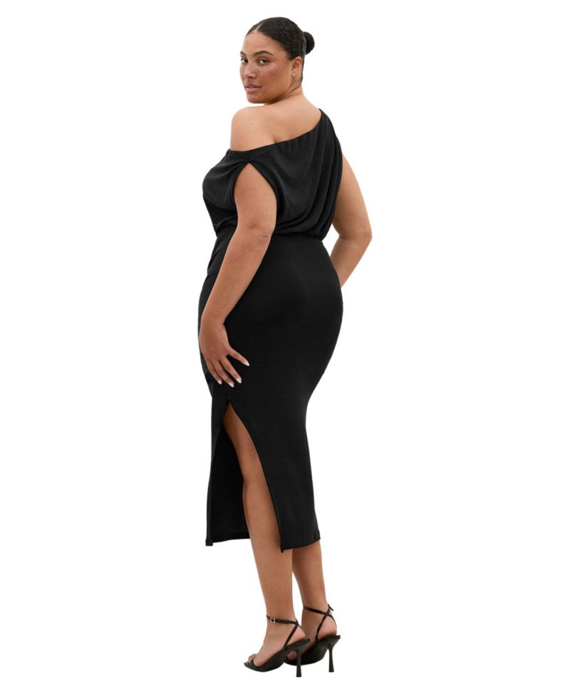 Plus Size Paloma One-Shoulder Metallic Wrap Midi Dress