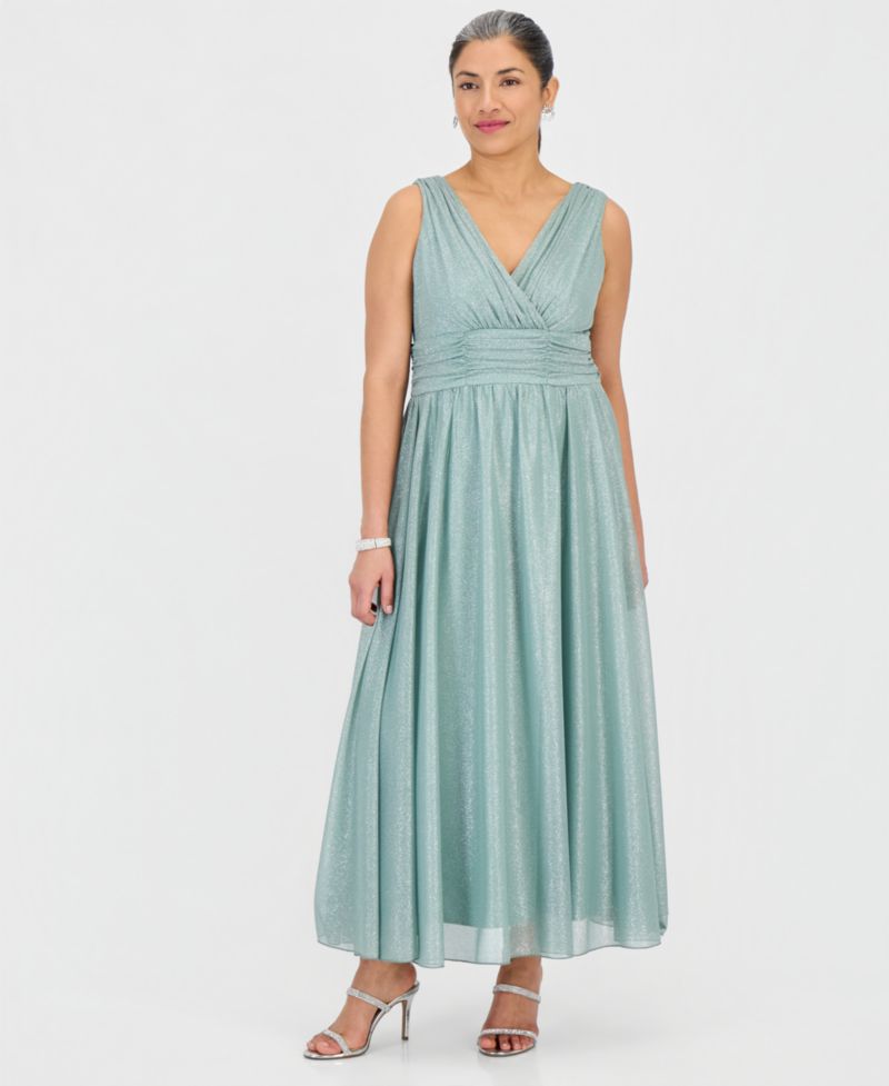 Petite Surplice-Neck Sleeveless Shimmer Dress