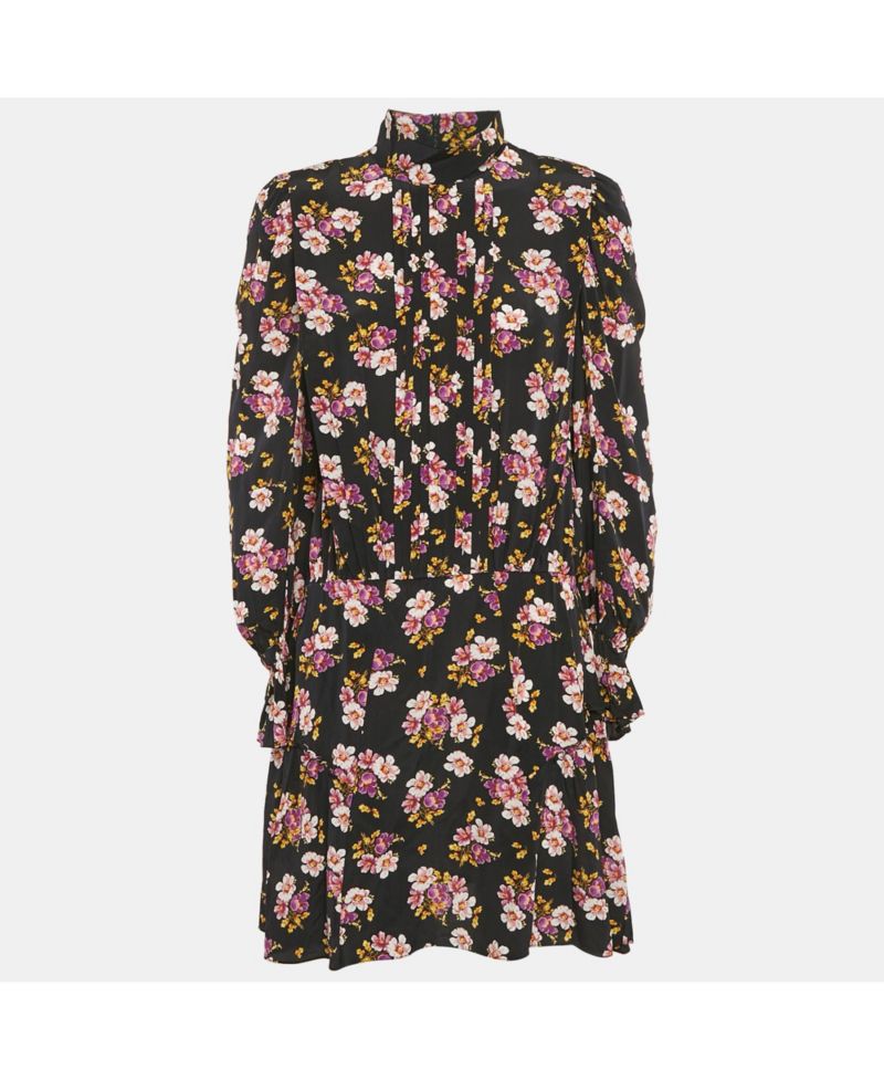 Women's Pre-Owned Zadig and Voltaire Black Floral Print Silk Pleated Rabbi Peonies Show Short Dress
