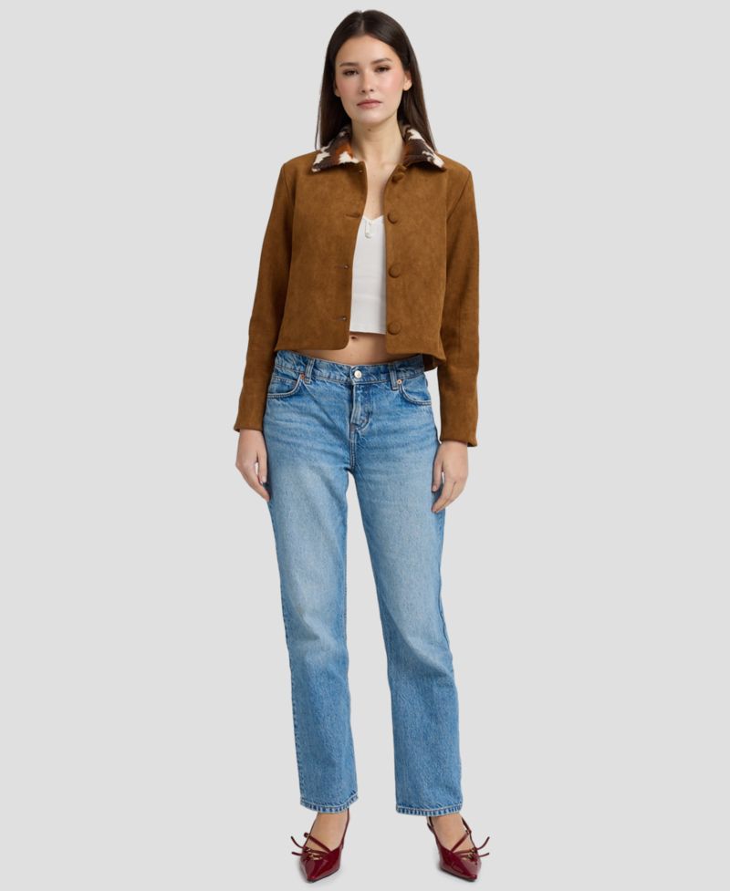 Women's Yumi Pocket Cropped Faux-Suede Cow-Print Collar Jacket