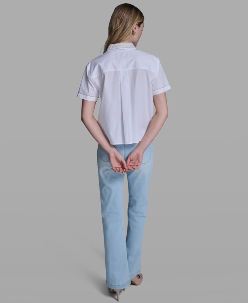 Women's Short-Sleeve Embroidered-Collar Top
