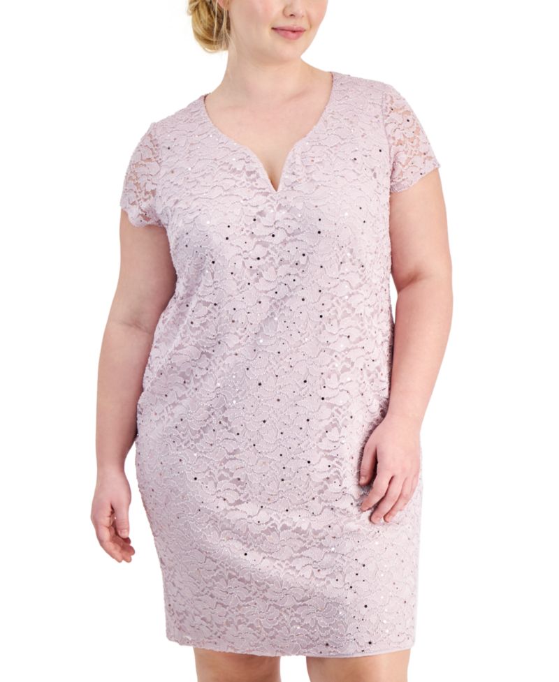 Plus Size V-Slit-Neck Sequin Lace Sheath Dress