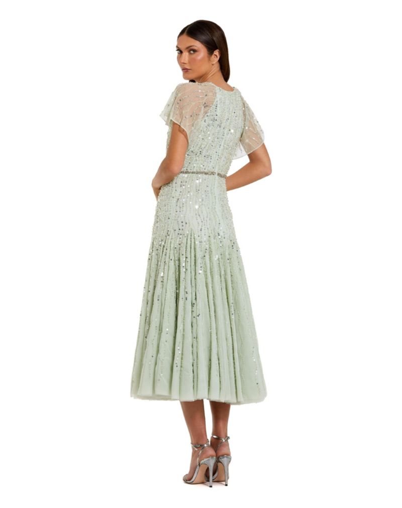 Women's Enbellished Bow Flutter Sleeve A Line Midi Dress