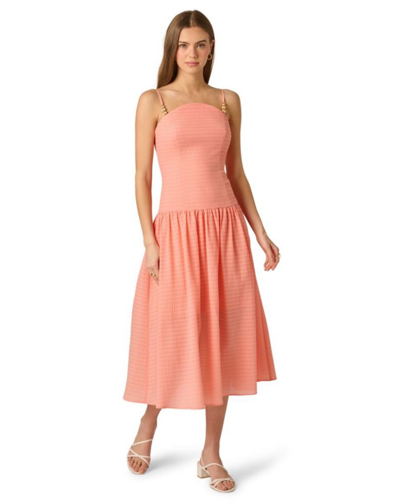 Women's Seersucker Square Neck Midi Dress