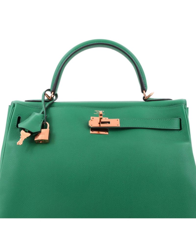 Pre-Owned Hermes Kelly 32 Handbag Green Evercolor with Gold Hardware