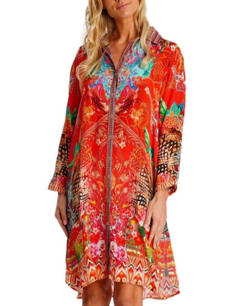 Women's Midi Summer Dress with Collared Neck, Short Sleeves, and Side Slits