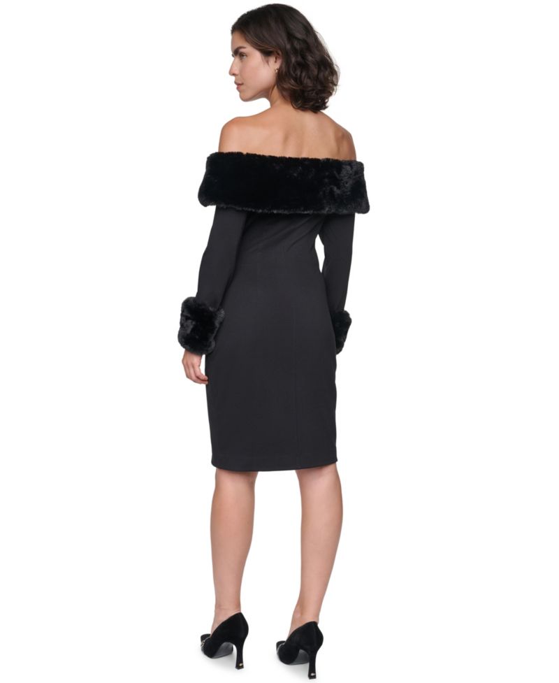 Women's Off-the-Shoulder Faux Fur-Trim Long-Sleeve Dress