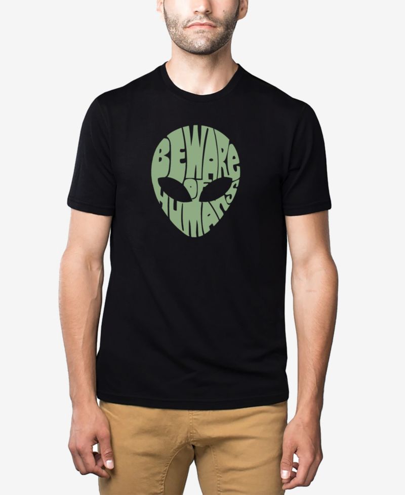 Men's Cotton/Poly Blend Word Art Beware Of Humans Alien T-shirt