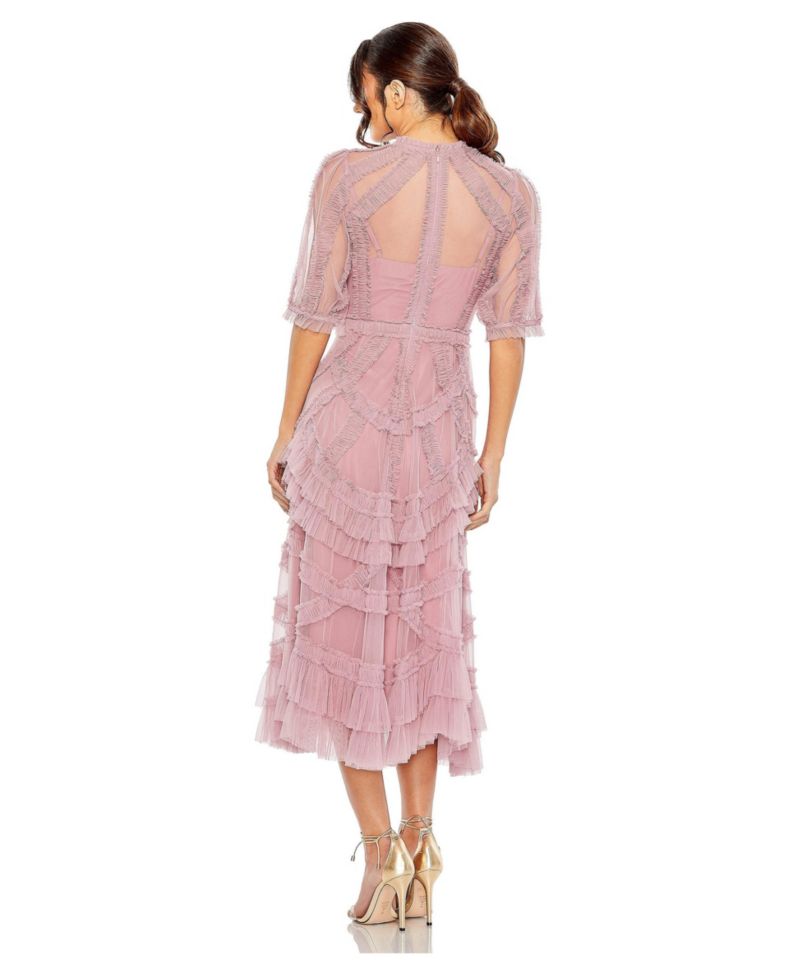 Women's High Neck Puff Sleeve Ruffle Tiered Dress