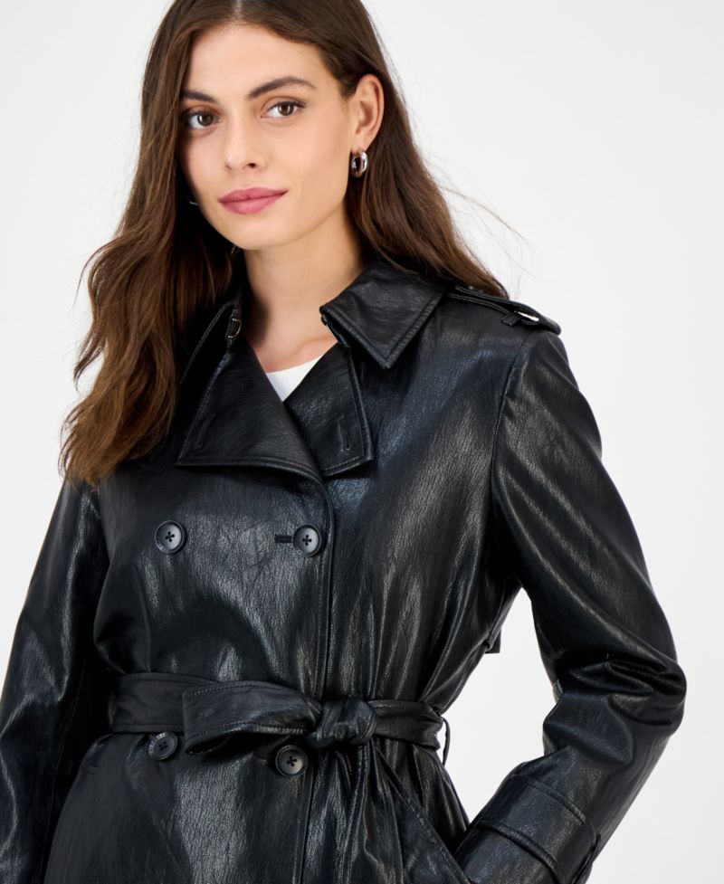 Petite Double-Breasted Faux-Leather Belted Trench Coat