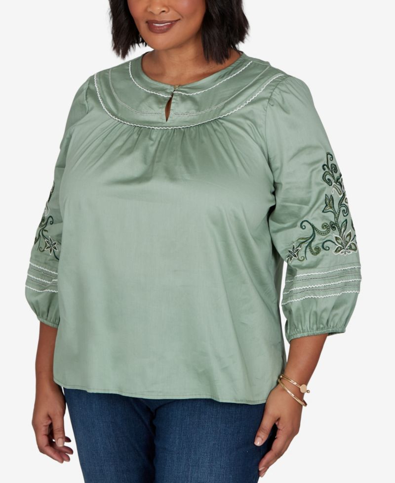 Plus Size Embroidered Sleeve Voile Top