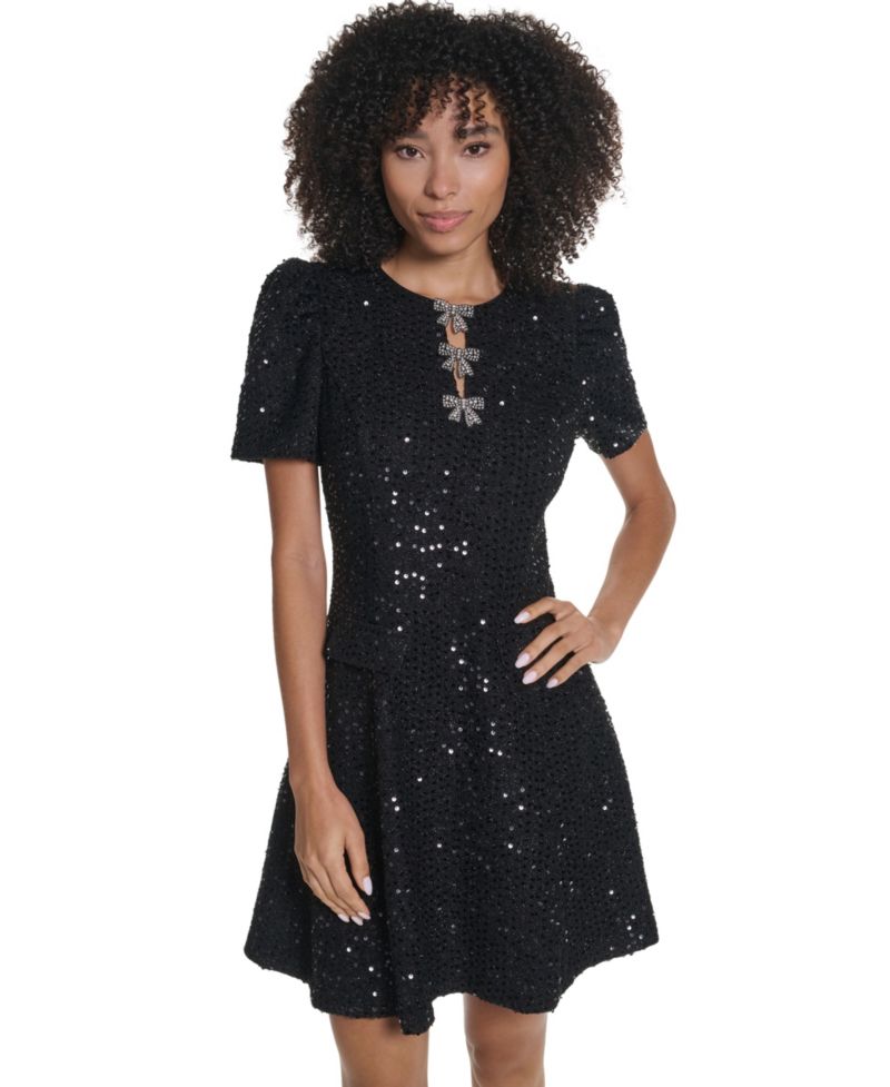 Women's Sequin Tweed A-Line With Bow Detail Dress