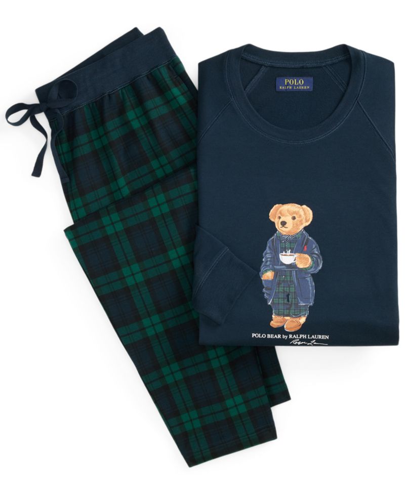 Men's Polo Bear Long-Sleeve Crewneck French Terry Top and Pajama Pants, 2-Piece Set