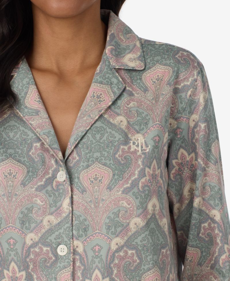 Petite Notch Collar Sateen Long Sleeve Pajama Top and Pants, 2-Piece Set
