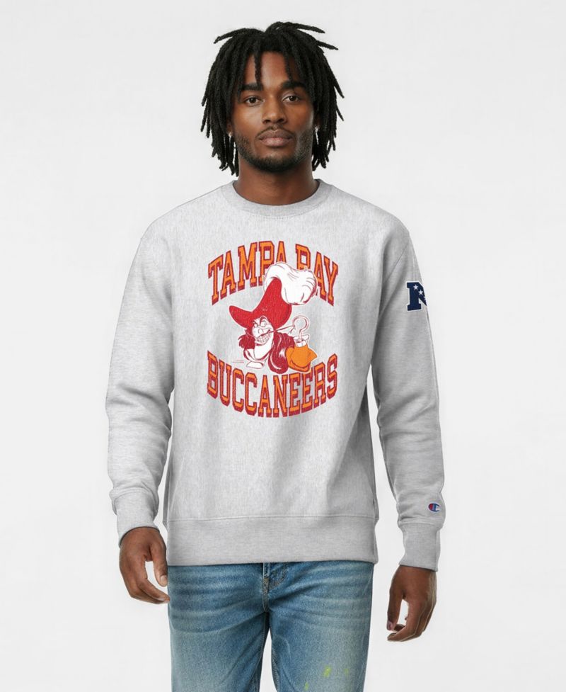 Men's Silver Tampa Bay Buccaneers Disney X Champion Reverse Weave Fleece Crewneck Sweatshirt