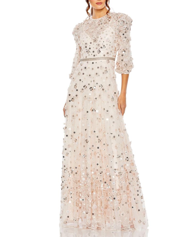 Women's Floral Applique Puff Sleeve High Neck A-Line Gown