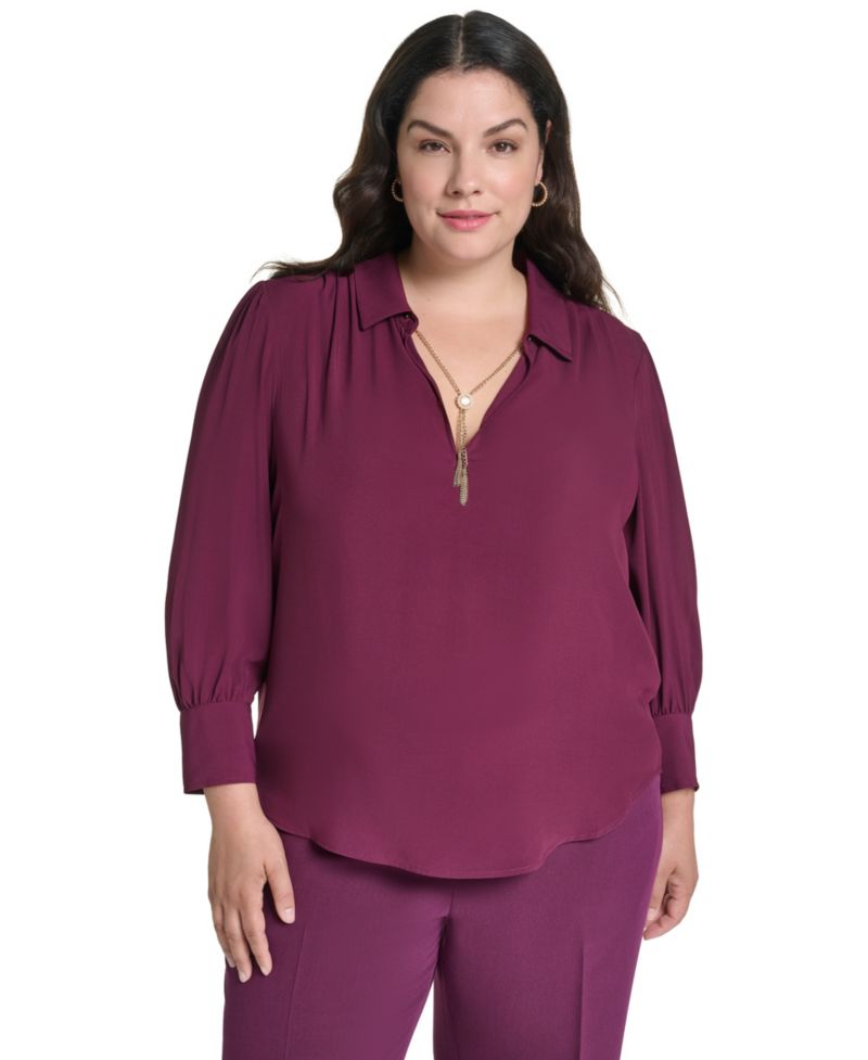 Plus Size Long-Sleeve V-Neck Blouse