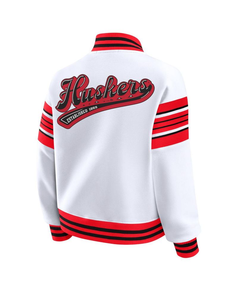 Women's White/Scarlet Nebraska Huskers Satin Stitch Full-Snap Fleece Sweatshirt Jacket