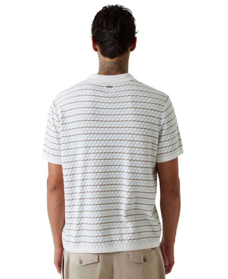 Men's Checkered Stripe Text Woven Polo Shirt