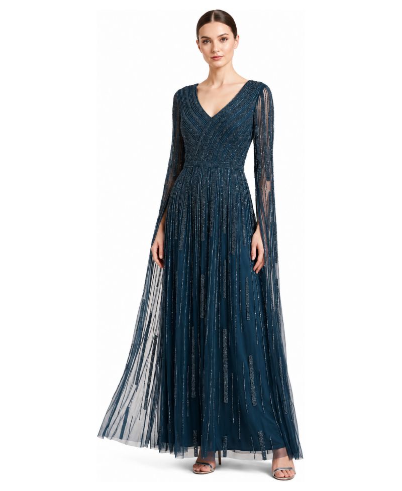 Women's V-Neck Beaded Long Cape-Sleeve Dress