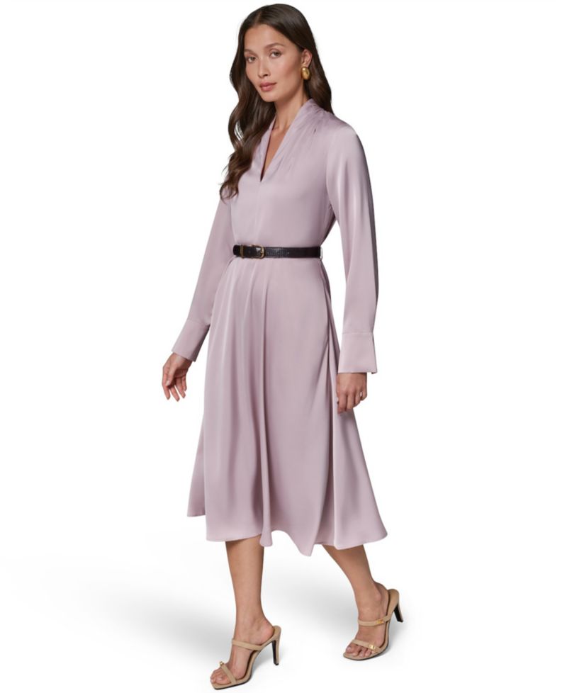 Women's Long-Sleeve Satin Belted Midi Dress