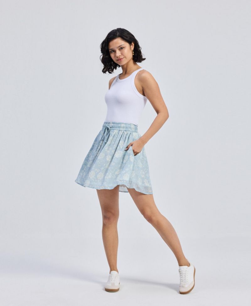 Women's Drawstring Short Skirt in Blue Florals
