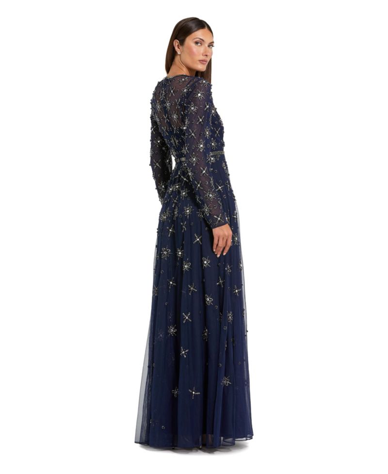 Women's Long Sleeve Crystal Embellished Evening Gown