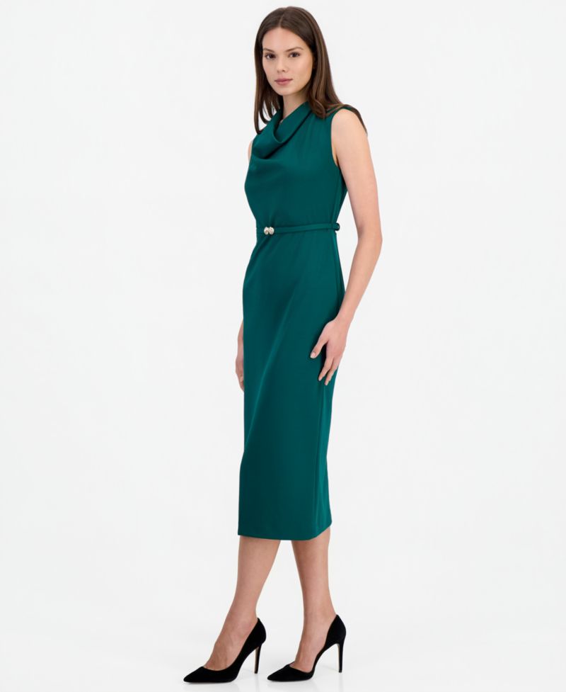 Women's Cowl Neck Belted Midi Dress
