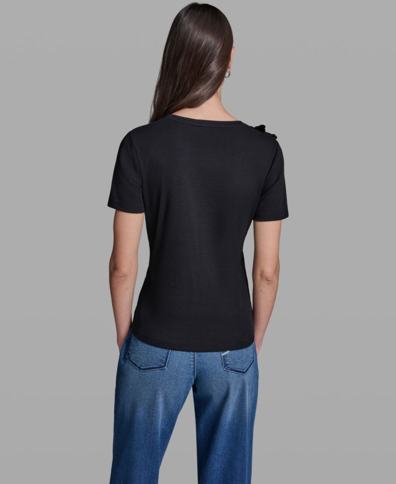 Women's Floral Applique Short-Sleeve Rib Knit Top