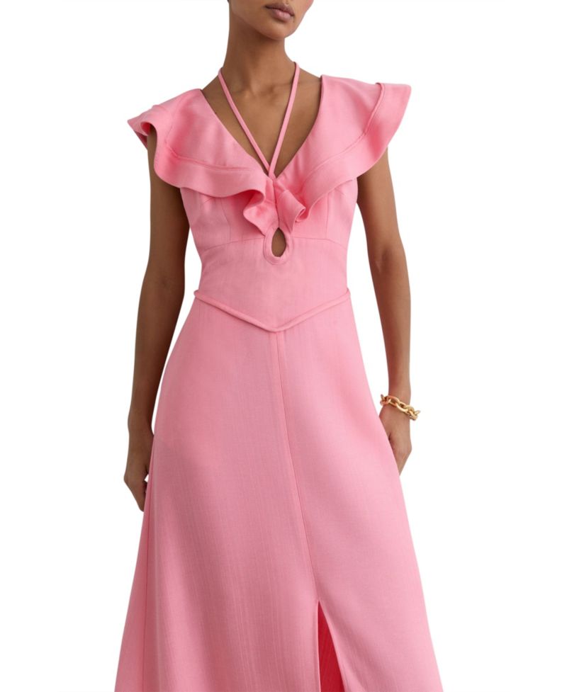 Women's Ruffle Tie-Neck Keyhole Midi Dress