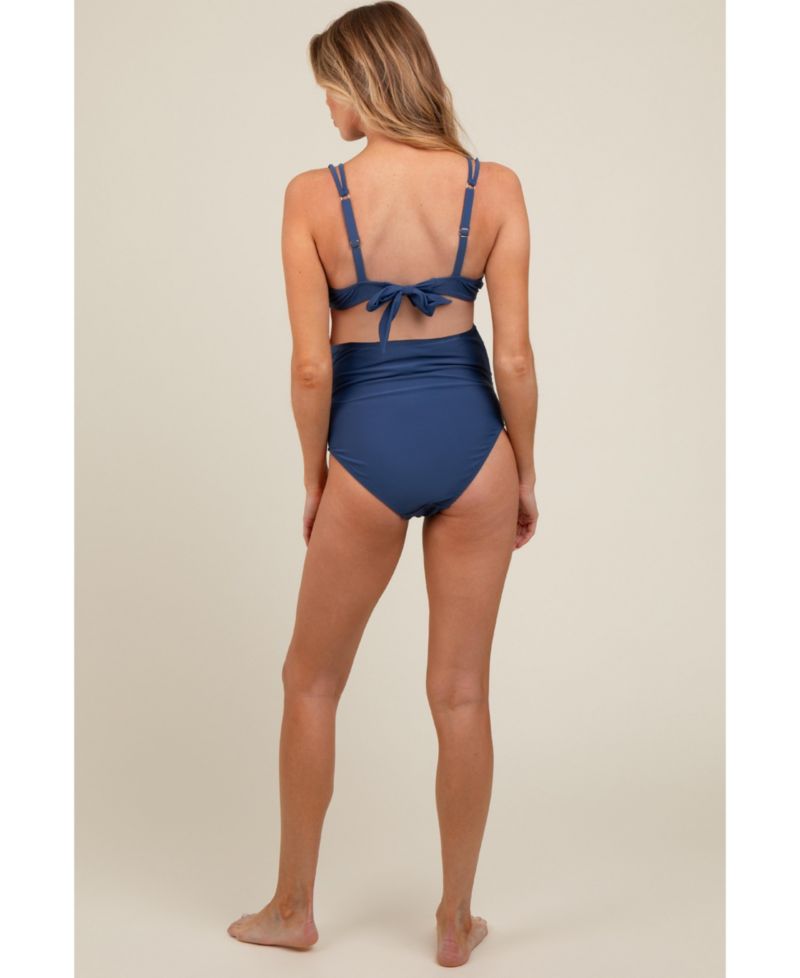 Women's Blue Scalloped V-Neck High Waist Two-Piece Swimsuit