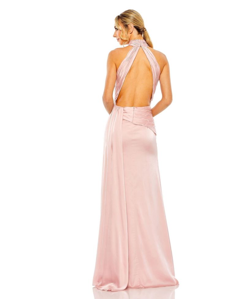 Women's Open Back High Neck Side Ruched Gown