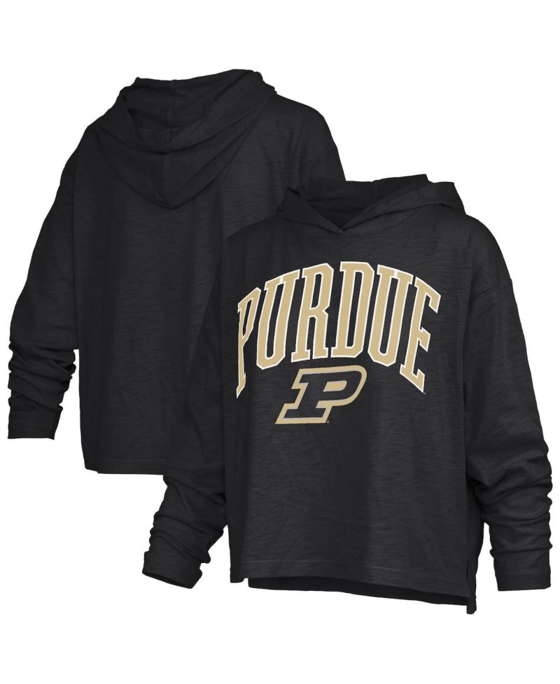 Women's Black Purdue Boilermakers Nelson Arch Over Logo Long Sleeve Hooded Slub T-Shirt