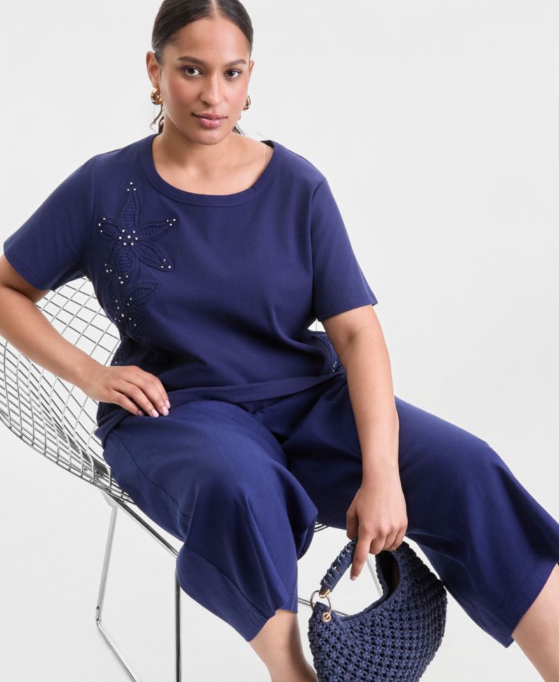 Plus Size Short-Sleeve Crochet Embellished T-Shirt