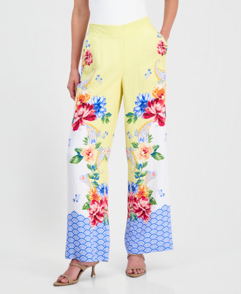 Women's Mixed-Print Wide-Leg Pull-On Pants