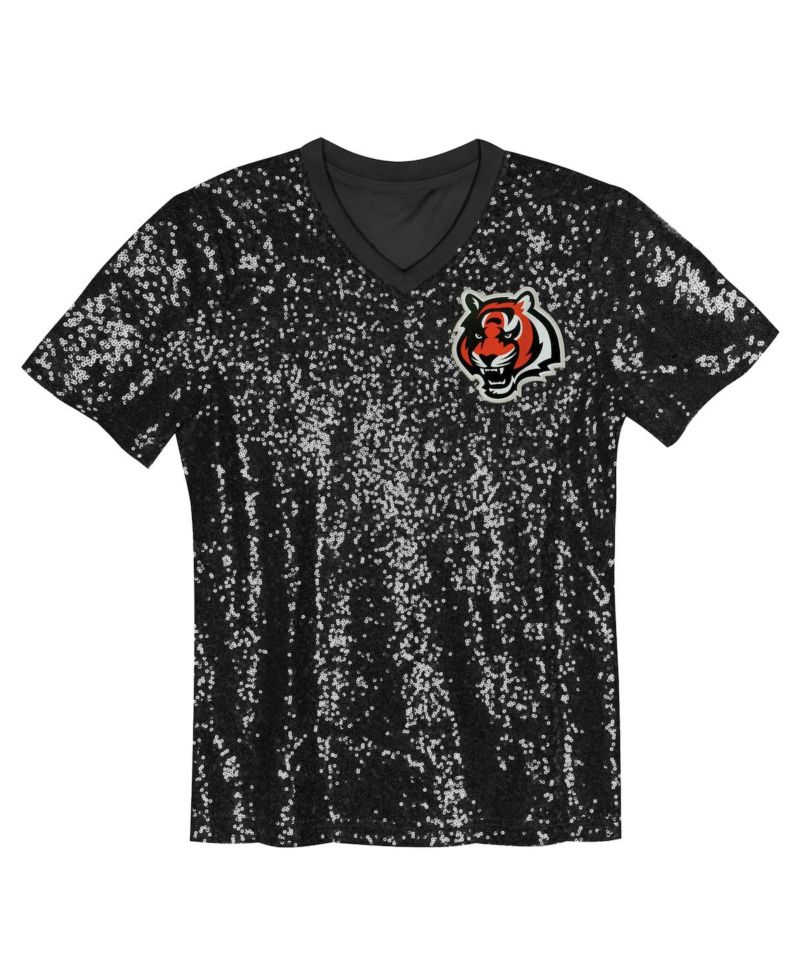 Big Girls Black Cincinnati Bengals Wordmark Sequin V-Neck Top