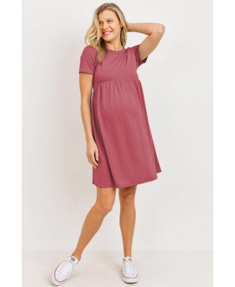 Women's Crew Neck Empire Waist Mini T-Shirt Dress with Pockets