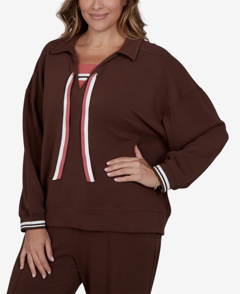 Plus Size Stripe Trim Drawstring Pullover Top
