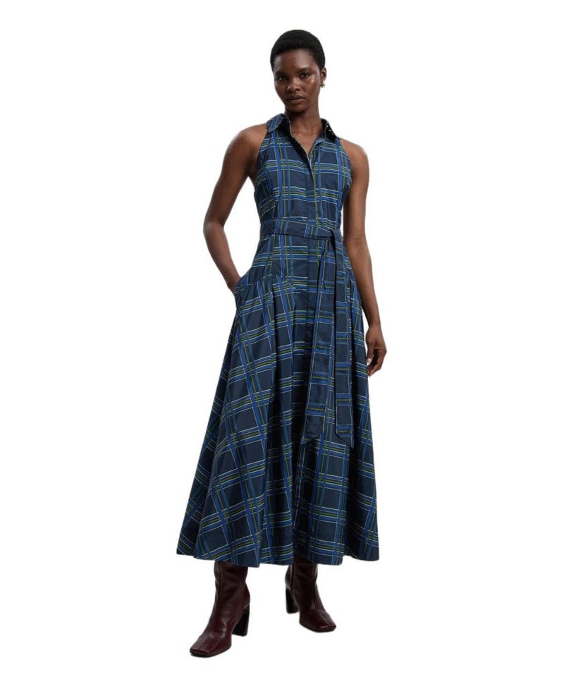 Women's Check Taffeta Belted Maxi Shirt Dress