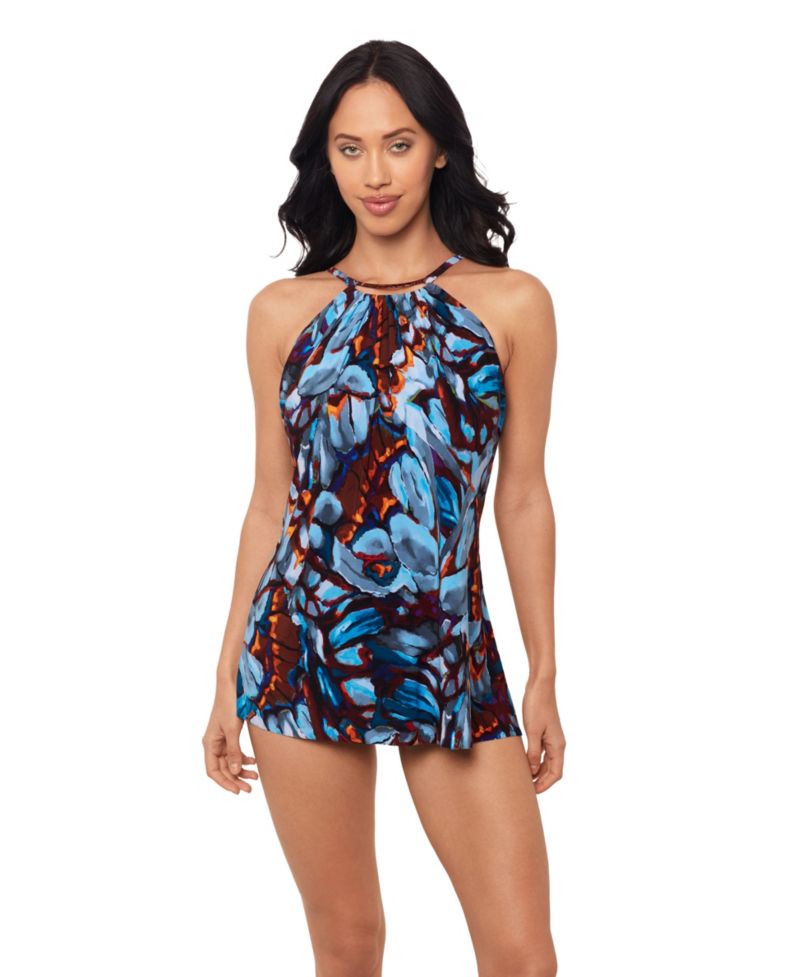 Women's Printed High-Neck Underwire Swim Cover-Up Dress