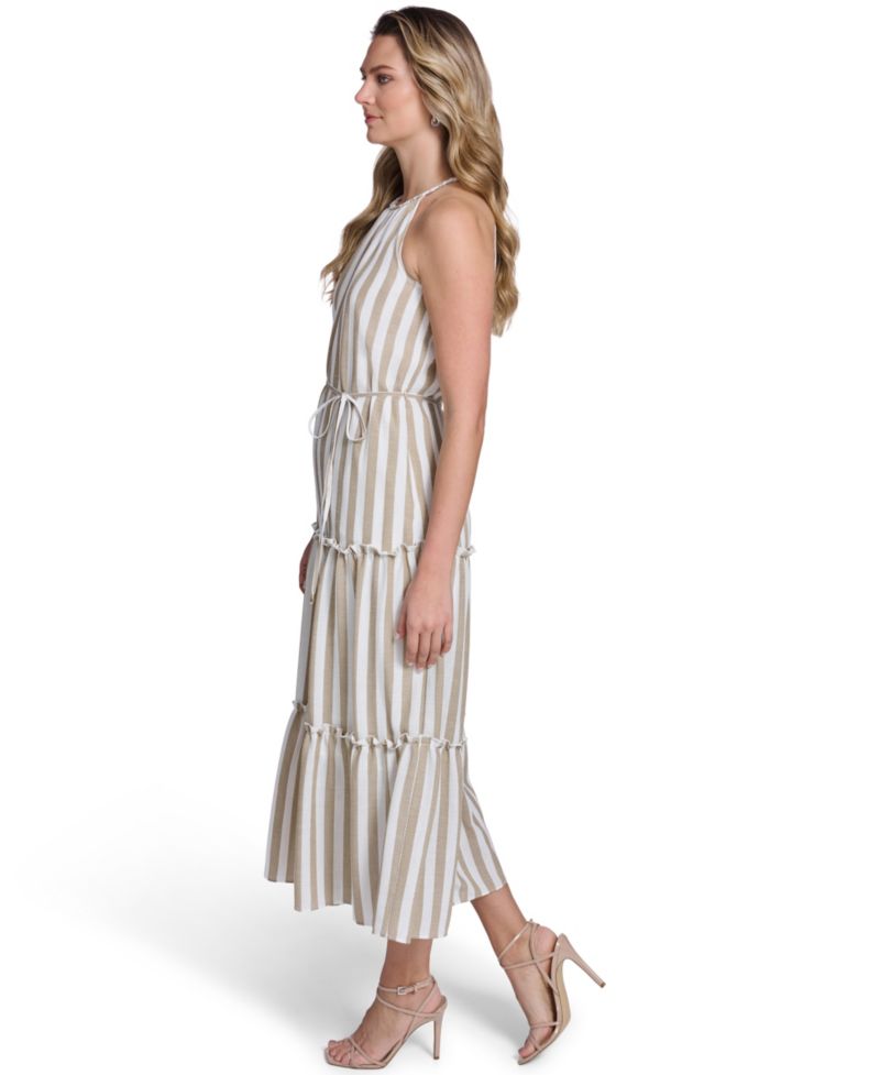 Women's Sleeveless Braided Halter Neck Tiered Midi Dress