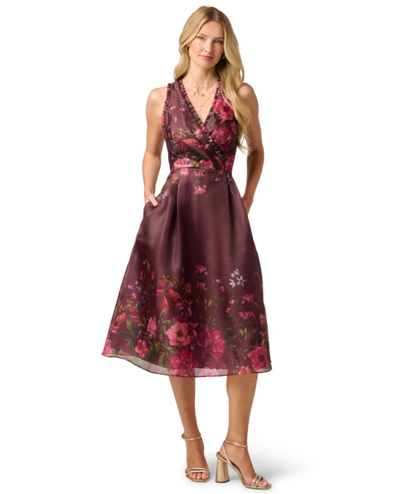 Women's V-Neck Printed Organza Midi Dress