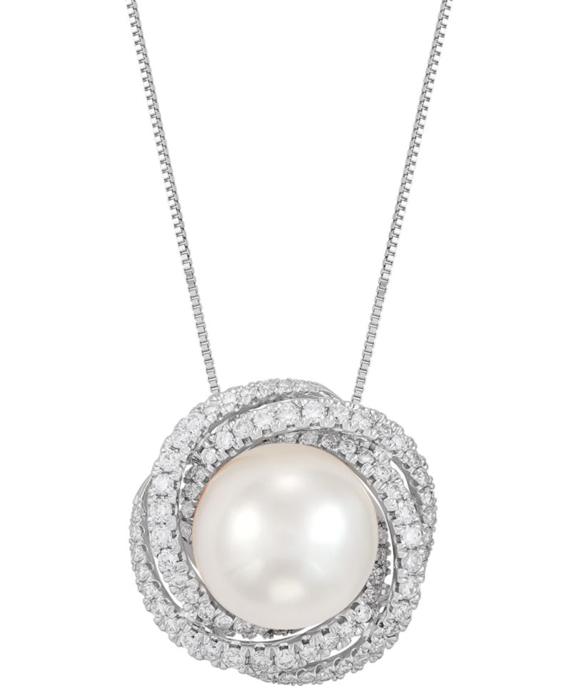 Cultured Freshwater Pearl (11mm) & Lab Grown Diamond (5/8 ct. t.w.) Love Knot 18" Pendant Necklace in 14k White Gold